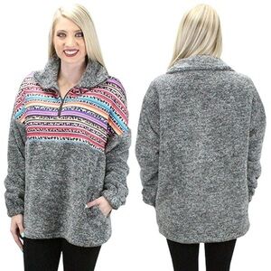 Rodeo & Sunshine Gray Fleece Southwestern Aztec Print Pullover Fleece Jacket